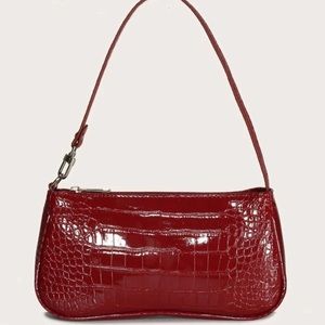 Burgundy Croc Skin Baguette Bag